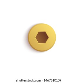 Golden metal screw head with countersunk hexagon socket. Metallic gold bolt drive with hex shaped Allen hole, industrial construction object isolated on white background, vector illustration