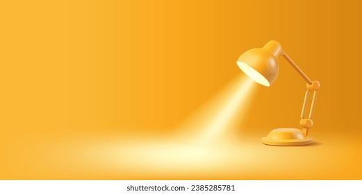 Golden metal table 3D lamp. Brightly shines with a ray of light on an orange background. For the concepts of education, creativity, business, and emphasis on a specific object.