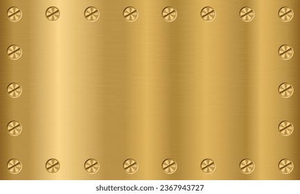 Golden metal texture background with screws. Gold plate with screws. Steel background. Vector illustration