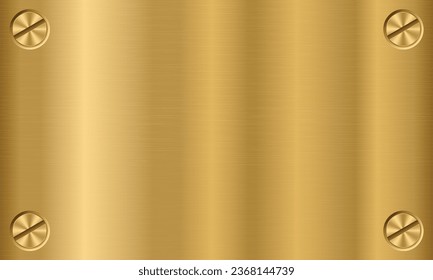 Golden metal texture background with screws. Gold plate with screws. Steel background. Vector illustration