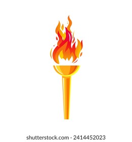 A golden metal torch with a blazing fire. The fiery torch of the champion's victory. The flame icon. A burning fire. Vector illustration on a white background.