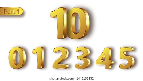 Golden metal unique numbers set of realistic vector illustration. Matte with glossy frame gold metal symbols or signs from 0 to 5, part 1, isolated on white background