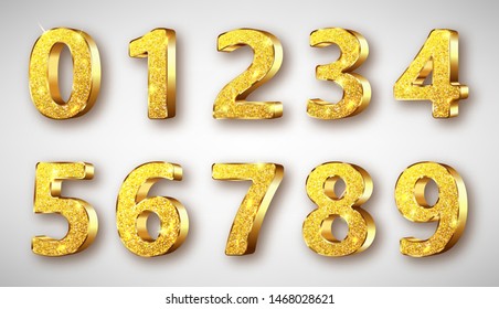 Golden metal unique numbers set with sparkles, realistic vector illustration. Glossy or shining gold metal symbols or signs from 0 to 9, isolated on white background