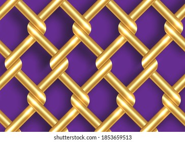 golden metal wire fence template. Gold chains intertwining and overlapping, vector isolated on purple background 