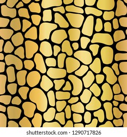 Golden metallic abstract background with mosaic shapes. Seamless vector pattern stylized animal skin texture. Gold foil shapes on black backdrop. Elegant art for celebration, digital paper, packaging