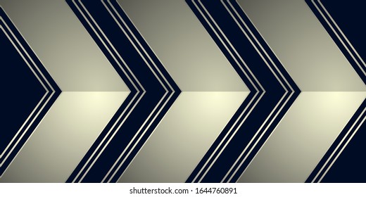 Golden metallic arrows on a abstract dark background. Luxury overlap  direction design. Futuristic modern navy blue backdrop. Vector illustration EPS10.