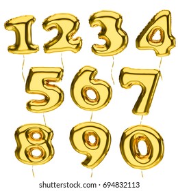Golden metallic Balloon 3d Numbers vector set isolated on white background.