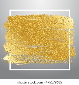 Golden metallic brush grunge stroke stain in white square frame, with dust particles texture. Vector illustration.