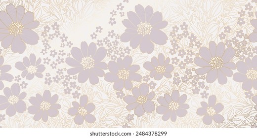 Golden Metallic Contour Flowers and Leaves in a light shade of Grey Lilac Colors. Luxurious Art Deco Wallpaper Design for Print, Poster, Cover, Banner, Invitation, Package, Wrappings, Beauty Products.