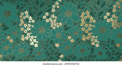 Golden Metallic Contour Flowers and Leaves on Pine Green Color Backdrop. Luxurious Art Deco Wallpaper Design. Great for Textiles, Wrapping Papers, Fabrics, Prints, Packages, Fashion, Beauty Products.