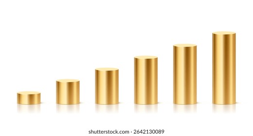 Golden metallic cylindrical podiums in ascending height. Minimalist 3D columns for ranking, data visualization, infographics, or product display. Realistic vector illustration.