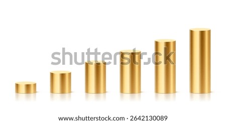 Golden metallic cylindrical podiums in ascending height. Minimalist 3D columns for ranking, data visualization, infographics, or product display. Realistic vector illustration.