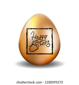 Golden metallic easter egg whith back lettering  holiday greeting. Vector illustration.