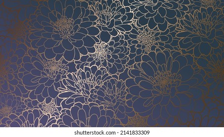 Golden metallic foiled contour chrysanthemum flowers on dark gradient purple blue green background. Decorative print for wallpaper, wrapping, textile, fabric, wedding invitation, greeting