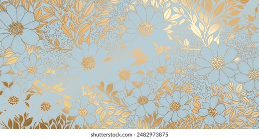 Golden Metallic Foiled Contour Flowers and Leaves on Starlight Blue Background. Luxurious Art Deco Wallpaper Design for Print, Poster, Cover, Banner, Invitation, Package, Beauty Products.