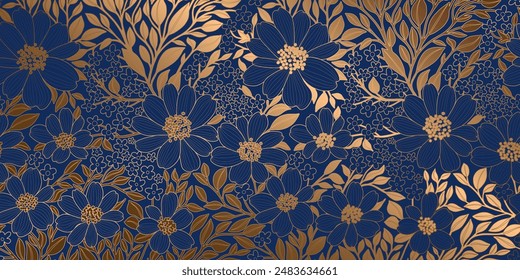 Golden Metallic Foiled Contour Flowers and Leaves on Dark Blue Background. Luxurious Art Deco Wallpaper Design for Print, Poster, Cover, Banner, Invitation, Package, Beauty Products.