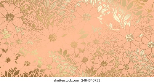 Golden Metallic Foiled Contour Flowers and Leaves on a Peach Color Backdrop. Luxurious Art Deco Wallpaper Design, Great for Prints, Posters, Covers, Banners, Invitations, Packages, Beauty Products.