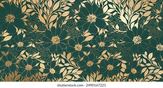 Golden Metallic Foiled Contour Flowers and Leaves on Brunswick Green Color Backdrop. Luxurious Art Deco Wallpaper Design for Print, Poster, Cover, Banner, Invitation, Package, Beauty Products.