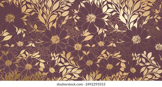 Golden Metallic Foiled Contour Flowers and Leaves on Eggplant Color Background. Luxurious Art Deco Wallpaper Design for Print, Poster, Cover, Banner, Invitation, Package, Beauty Products.