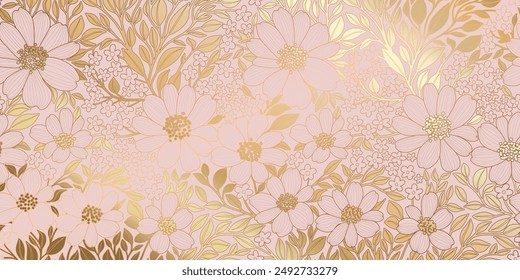 Golden Metallic Foiled Contour Flowers and Leaves on Powder Pink Background. Luxurious Art Deco Wallpaper Design for Print, Poster, Cover, Banner, Invitation, Package, Beauty Products.