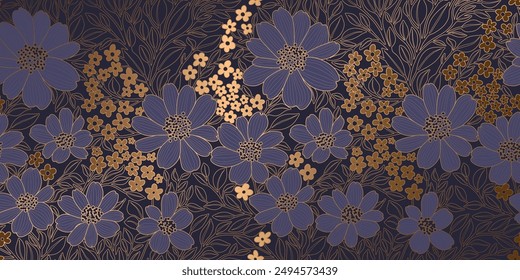 Golden Metallic Foiled Contour Flowers in English Violet Color on Dark Violet Background. Luxurious Art Deco Wallpaper Design for Print, Poster, Cover, Banner, Invitation, Package, Beauty Products.