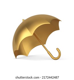 Paraguas de brillo metálico dorado accesorio premium de moda estacional con ilustración realista de icono 3d vectorial. Parasol de lujo protección impermeable del sol y la lluvia diseño decorativo costoso