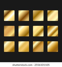 Golden metallic gradient set. Foil shape metal background. Glossy design for frames, banners, ribbons and labels. Vector illustration