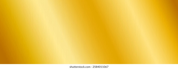 Golden metallic gradient texture. Gold metal foil background. Wide shiny polished yellow sheet for label, plate, plaque, sign, tag, print. Slanted textured material surface. Vector backdrop