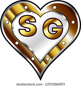 Golden metallic heart with letters S and G, shiny vector illustration, amazing love, passion and happiness vector, illustration for valentine couple. God is good!