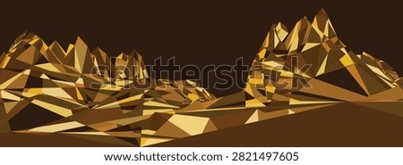 Golden metallic mountains in low poly style. Polygonal mountain ridges. Vector landscape isolated on black background
