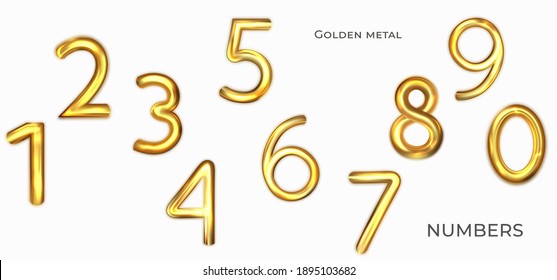 Golden metallic Number 0 to 9.  3d numbers font. Realistic elements for sales, banners, party, birthday, anniversary invitation, wedding. 
