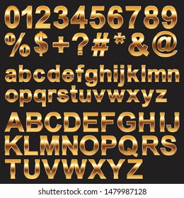 Golden metallic number and text collection. realistic gold alphabet and symbol set. vector illustration