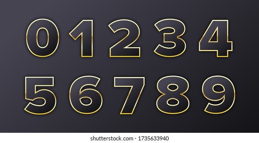 Golden metallic numbers in royal style with shadow on black background for invitation card and sale banner. Holiday decoration. Vector isolated template.