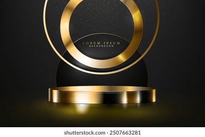 golden metallic rings and podium digital geometric modern luxury award backdrop element,vector illustration  product display and presentation black background.