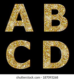 Golden Metallic Shiny Letters A, B, C, D 