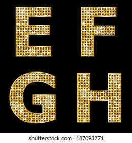 Golden metallic shiny letters E, F, G, H 