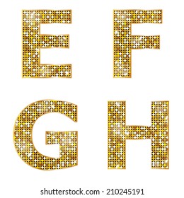 Golden metallic shiny letters E, F, G, H 