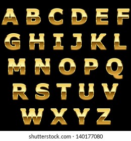 Golden metallic shiny letters isolated on black background.