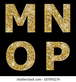 Golden metallic shiny letters M, N, O, P 