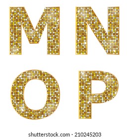 Golden metallic shiny letters M, N, O, P 