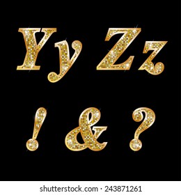 Golden metallic shiny letters Y, Z, !, ?, & 