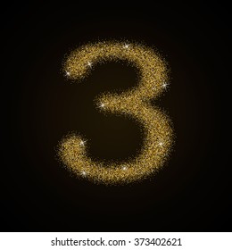 Golden metallic shiny numbers. Gold glittering metal alphabet numbers. Three.