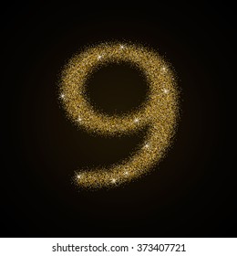 Golden metallic shiny numbers. Gold glittering metal alphabet numbers. Nine.