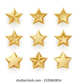 Golden metallic star realistic vector illustrations set. Glossy yellow 3D trophy star icons pack. Symbol of leadership isolated on white background. Ranking and rating signs collection