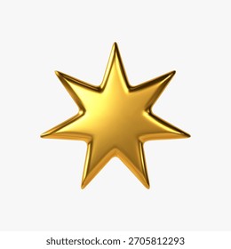 Golden metallic star shape isolated on white background, shiny and elegant festive element for Christmas and New Year decoration. Luxury holiday ornament with smooth reflective surface. Vector