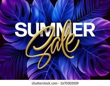 Golden metallic summer sale lettering on a purple bright background from tropical leaves of plants. Vector illustration EPS10