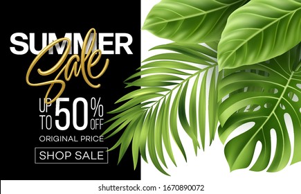 Golden metallic summer sale lettering on a bright background from green tropical leaves of plants. Vector illustration EPS10