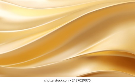 Golden metallic textile 3d liquid silk wave light elegant luxury background realistic vector illustration. Premium smooth satin yellow soft material premium decor ripple royal wavy drapery backdrop