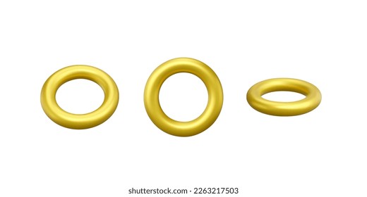 Golden metallic torus. Set of 3D torus objects. Donut realistic geometric shapes. Gold decoration design element. Vector illustration isolated on white background