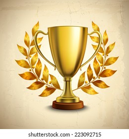 Golden metallic trophy cup first place winner award with laurel wreath vector illustration